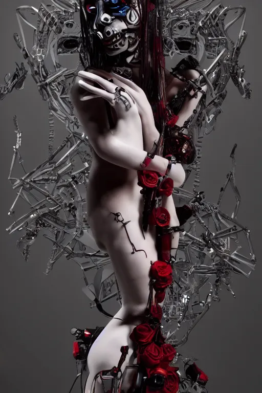 Image similar to full-body cyberpunk style sculpture of a young beautiful dark priestess, half android with a head opening exposing circuitry, glowing red eyes, black roses, flowing blood red colored silk, fabric, candles. baroque elements, human skull. full-length view. baroque element. intricate artwork by caravaggio. crows flying in background. Trending on artstation, octane render, cinematic lighting from the right, hyper realism, octane render, 8k, depth of field, 3D