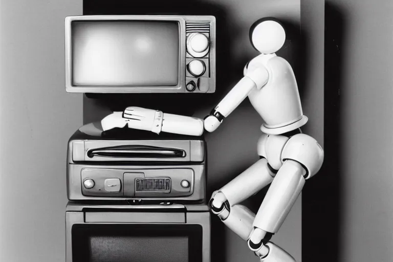 Image similar to beautiful woman robot sticking her head inside of a toy oven, from 1985, bathed in the glow of a crt television, crt screens in background, low-light photograph, in style of jun takahashi