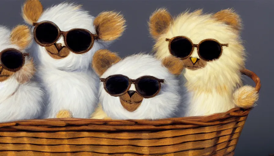 Prompt: highly detailed painting of cute furry furbys wearing shades cuddling up in a basket by william turner, thick brush strokes and visible paint layers, 4 k resolution