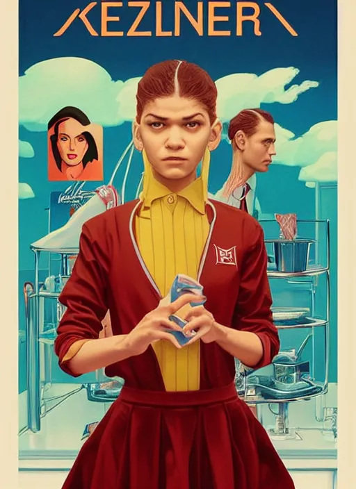 Image similar to poster artwork by michael whelan and tomer hanuka, karol bak, portrait of a high school student zendaya!!!!! wearing rr diner uniform working at the local diner, confectioner in a pastry shop, full length shot, shining, from scene from twin peaks, clean