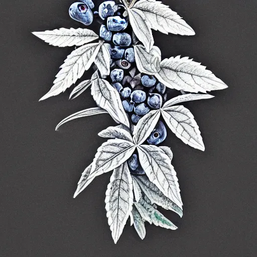 Image similar to botanical drawing of blueberry kush. Traditional art. Rustic. Nordic. 4K. Trending on artstation. Detailed Bushy. Nature. Artistic.