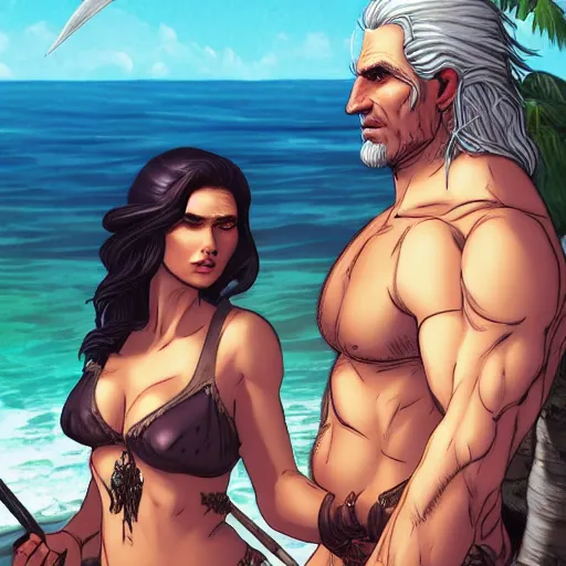 Prompt: Portrait of Geralt of Rivia and Yennefer of Vengerberg in modern bathing suits at a tropical beach, character design, fantasy, comic book visual style, atmospheric lighting, highly detailed, ArtStation, trending on ArtStation, by Matthew Orders