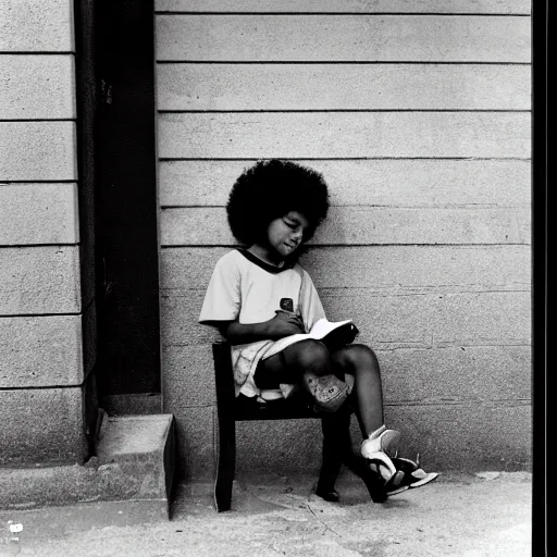 Image similar to a black boy with an afro hairstyle sits at the bench and writes something in a copybook with a pencil, the 9 0 s, garlem, black and white photography