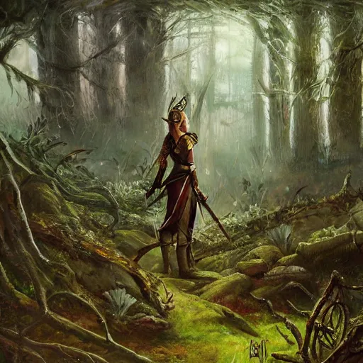 Prompt: elven ranger overgrown ruins forest, painted martin bergstrom