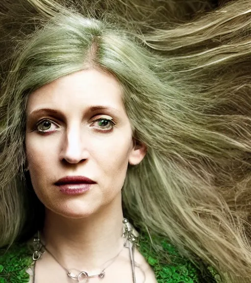 Prompt: hd portrait of a 3 2 - year old woman with an ethereal, whimsical, fey aesthetic. dirty blonde hair. green clothes. silver jewelry. a modern - day witch and enchantress of the acanthus path. portrait photography by annie leibovitz.