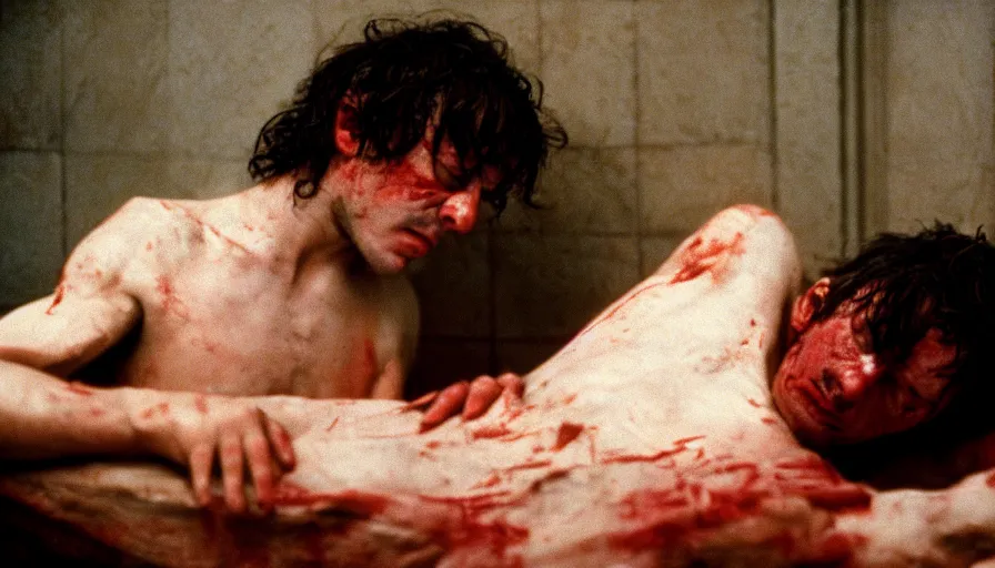 Prompt: movie still of jean - paul marat a wound at the chest, bleeding in the bath, cinestill 8 0 0 t 3 5 mm, high quality, heavy grain, high detail, cinematic composition, dramatic light, anamorphic, ultra wide lens, hyperrealistic, by fellini