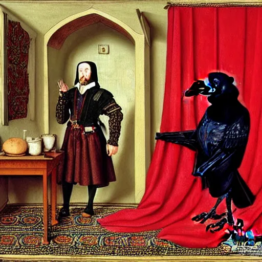 Image similar to a highly detailed painting of a raven, dressed in elegant tudor clothes, inside a room with thick red tapestries, by hans holbein