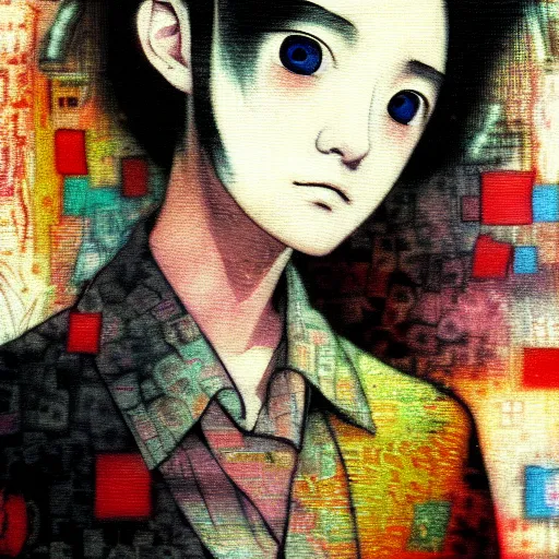 Image similar to yoshitaka amano blurred and dreamy realistic three quarter angle portrait of a young woman with short hair and black eyes wearing office suit with tie, junji ito abstract patterns in the background, satoshi kon anime, noisy film grain effect, highly detailed, renaissance oil painting, weird portrait angle, blurred lost edges