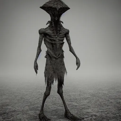 Image similar to Creepy long creature standing in a foggy weather in a desert world full of pyramids, award winning, trending on artstation, unreal engine