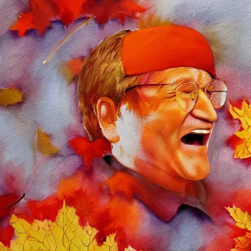 Image similar to robin williams smile. picture painting autumn leaves