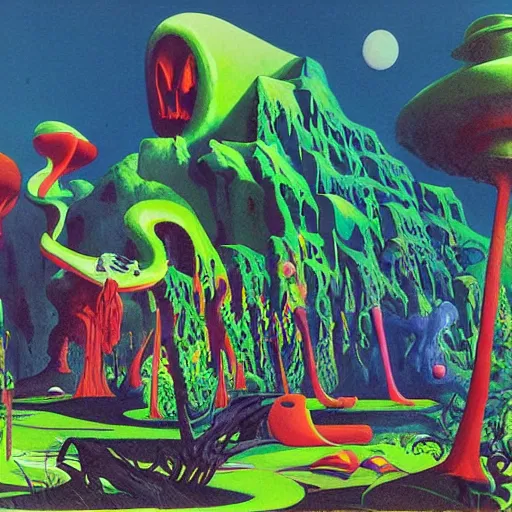 Prompt: rave party by roger dean