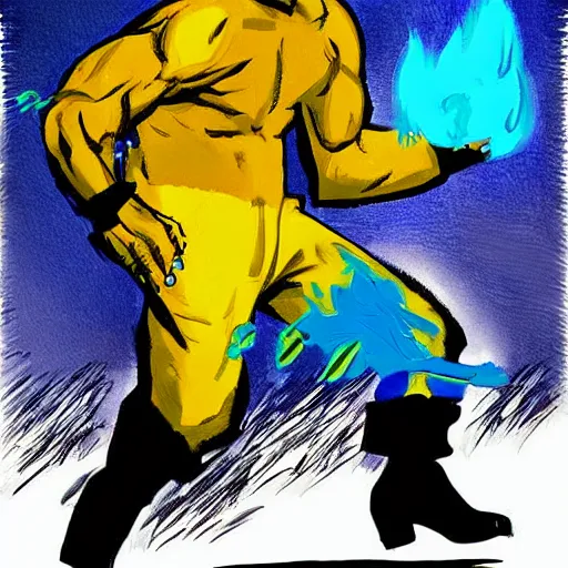 Prompt: buff Walter White kicking blue fire, accurate anatomy, accurate hands, highly detailed, digital art, epic, masterpiece,