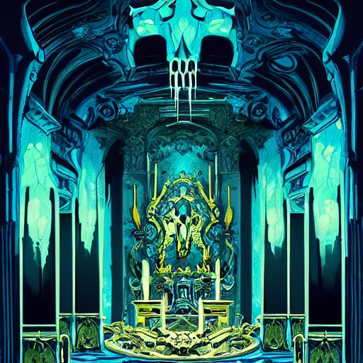 Image similar to Rafael Albuquerque comic art and artgerm, The interior of an underwater city, insanely ornamented with baroque evil golden decorations, black ornaments, ominous devilish altar made of bones, blue neon light coming from the windows, mysterious atmosphere, octane