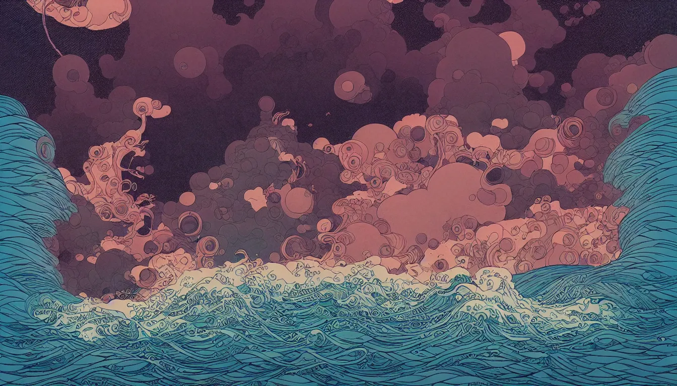 Image similar to storm at sea by balmy enso, jamie hewlett, nicolas delort, moebius, victo ngai, josan gonzalez, kilian eng