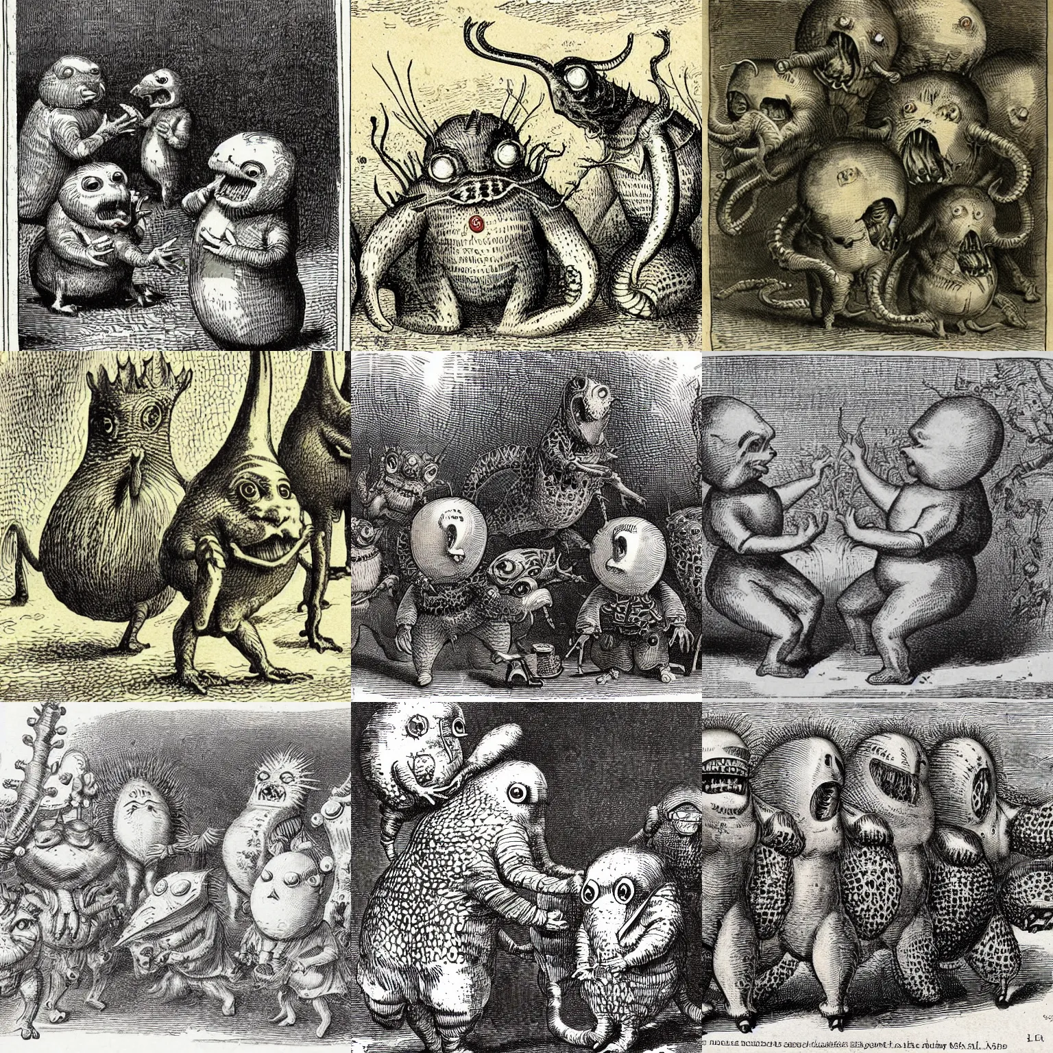 Prompt: close - up of a few strange creatures with distinct personalities, 1 9 th century illustration by john tenniel