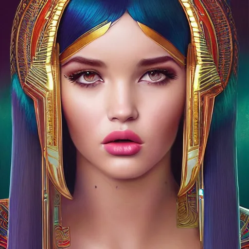 Image similar to tom bagshaw, very beautiful genetic mix of dove cameron madison beer bella poarch in a priestess egyptian dress, randomly lustrous colored hair, egyptian makeup, professionally retouched, focus eyes, ultra realistic soft painting, insanely detailed linework, symmetrical accurate intricate features, behance artstation, 8 k