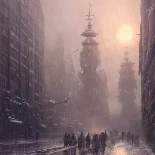 Image similar to cyberpunk depiction of the city of gdansk during arctic conditions by greg rutkowski