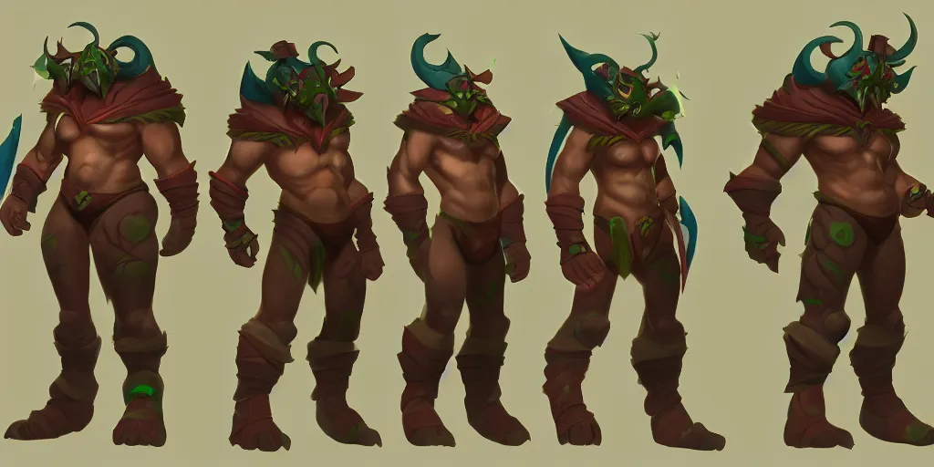 Image similar to three different views of a huskar set for dota 2, concept art by senior character artist, trending on artstation, artstation hd, full body