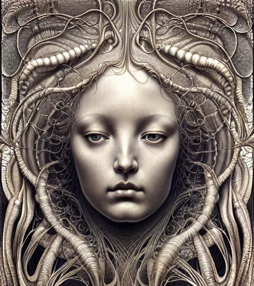 Image similar to detailed realistic beautiful silver goddess face portrait by jean delville, gustave dore, iris van herpen and marco mazzoni, art forms of nature by ernst haeckel, art nouveau, symbolist, visionary, gothic, neo - gothic, pre - raphaelite, fractal lace, intricate alien botanicals, biodiversity, surreality, hyperdetailed ultrasharp octane render