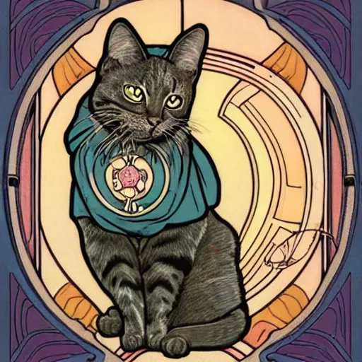 Image similar to an art nouveau cat wearing a hooded coat by moebius and james gurney and mucha