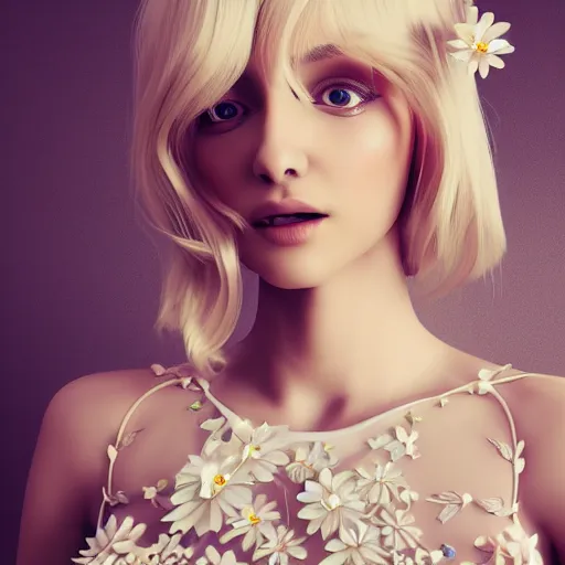 Image similar to beautiful blonde lady in a 3D flower dress , hyperrealistic, ultra detailed, octane render, symmetric, 3d, majestic, dark fantasy, intricate