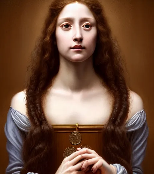 Prompt: portrait of a long - haired woman winning the lotterysitting upon a table with heightened detail, poised, intense emotion, detailed facial expression, detailed surroundings, intricate, elegant, highly detailed, centered, digital painting, artstation, concept art, smooth, sharp focus, illustration, by ( leonardo da vinci ), wlop