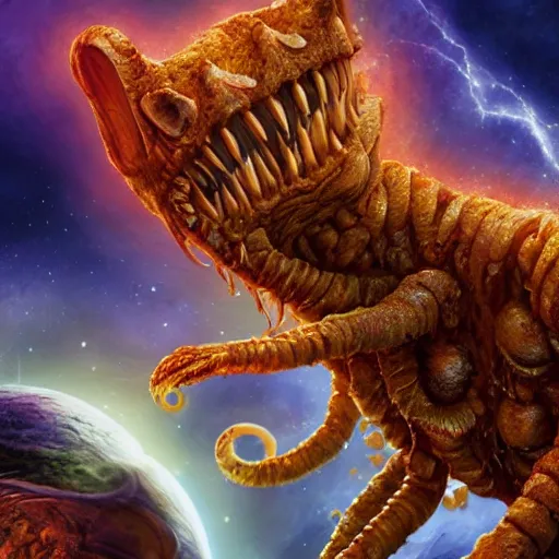 Image similar to one eldritch horror bloody garfield in space, galaxy, hd, 8 k, cinema footage, giant, epic, realistic photo, unreal engine, stars, prophecy, powerful, cinematic lighting, destroyed planet, debris, violent, sinister, ray tracing, dynamic, print, epic composition, dark, horrific, teeth, grotesque