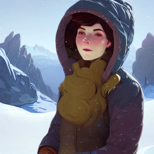 Image similar to portrait of madeline from celeste climbing a snowy mountain, bubble jacket, highly detailed, digital painting, artstation, concept art, sharp focus, illustration, art by greg rutkowski and alphonse mucha