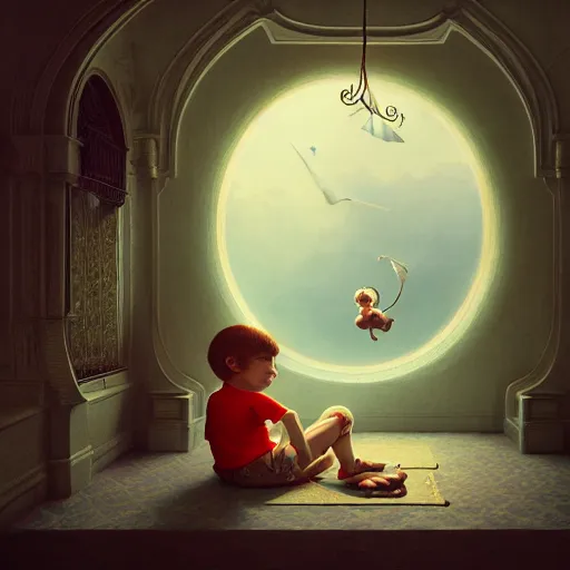 Image similar to lullaby of hope happiness of a young boy, moody : : wes anderson, roger dean, sophie anderson, esao andrews : : ornate, dynamic, particulate, intricate, elegant, highly detailed, centered, artstation, smooth, sharp focus, octane render, 3 d