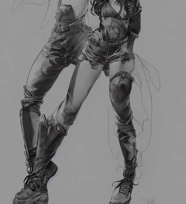 Image similar to full body pose, hd, manga anime portrait of a fairy girl in combat boots and overalls, in ishikawa ken frank miller jim lee alex ross style detailed trending award winning on flickr artstation,