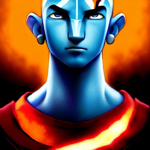 Image similar to a portrait of Avatar Aang by Zack Snyder, Christopher Nolan, Steven Spielberg, Avatar the Last Airbender, 8k photorealistic, cinematic lighting, HD, high details, dramatic, trending on artstation, view from below, dark atmosphere