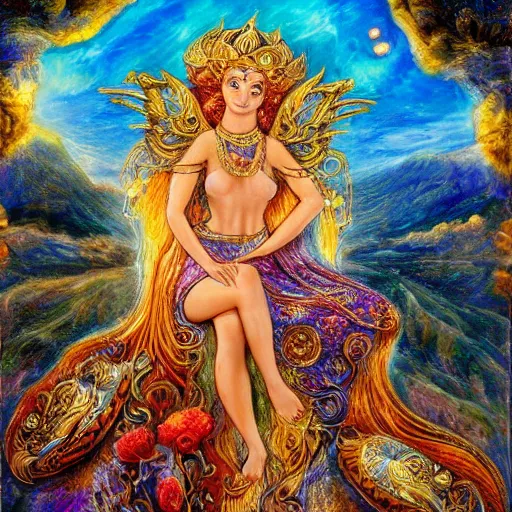 Image similar to goddess by josephine wall, sitting on flying golden ram, checking her phone, erupting volcano in distance, flowers in foreground, sun setting on right side of image, stars in sky on left side of image, trending on artstation, fantasy, intricately detailed