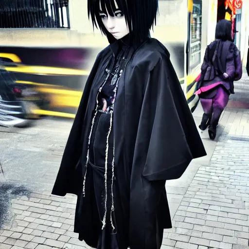 Prompt: 1 7 - year - old anime goth girl, black hair, long bob cut, long bangs, gothic coat, holding, shibuya street, blue sunshine, strong lighting, strong shadows, vivid hues, raytracing, sharp details, subsurface scattering, intricate details, hd anime, very - high - budget anime movie, 2 0 2 1 anime