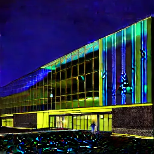 Prompt: Photography city building entrance at night, front elevation view, Night Lights, Nightscape ,vibrant, by Woelfel, Brandon.