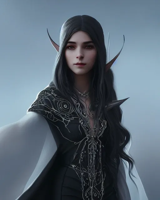 Prompt: 3 / 4 portrait, beautiful male elf, long hair, elegant, super detailed, black dress with silver accenting, silver very ornate jewelry, cape, 8 k, cinematic, backlight, octane render, dusk, sky, warm lighting, artstation, greg rutkowski, rossdraws, william bouguereau, sharp focus