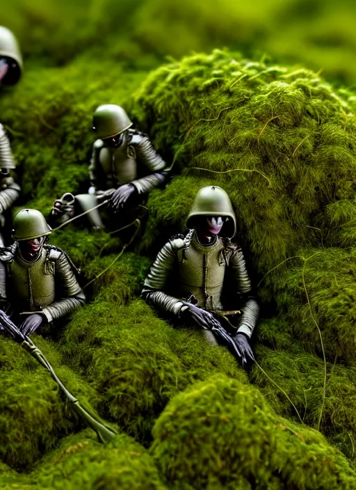 Prompt: Detailed Extreme Close-Up Of Toy Soldiers In Moss And Grass by Greg Rutkowski, masterpiece by Edgar Maxence and Ross Tran and Michael Whelan, gustav dore, 8k, octane render