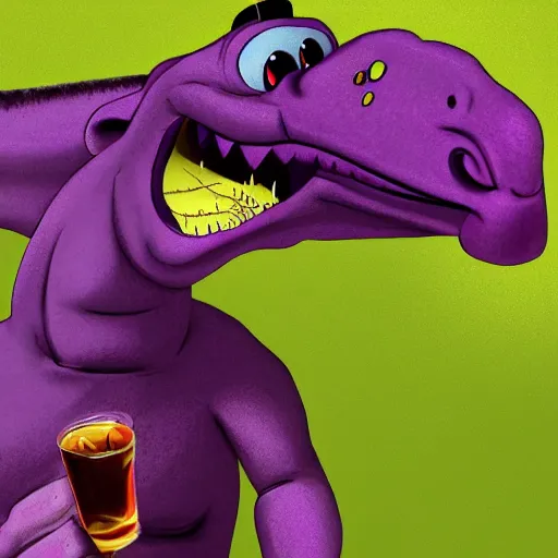 Image similar to barney the purple dinosaur from kids show drinking whisky and smoking a cigar, portrait art, digital art, trending on artstation