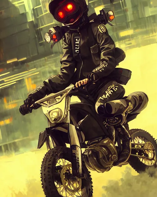 Image similar to kyoto animation girl wearing cyberpunk intricate streetwear riding dirt bike, respirator, detailed portrait, cell shaded, 4 k, concept art, by wlop, ilya kuvshinov, artgerm, krenz cushart, greg rutkowski, pixiv. cinematic dramatic atmosphere, sharp focus, volumetric lighting, cinematic lighting, studio quality