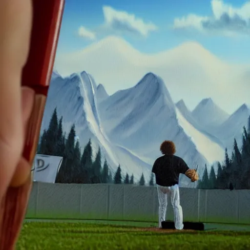 Image similar to a closeup photorealistic photograph of bob ross painting an image of kenny powers pitching a baseball on a canvas. mountains and trees. film still. brightly lit scene. this 4 k hd image is trending on artstation, featured on behance, well - rendered, extra crisp, features intricate detail, epic composition and the style of unreal engine.