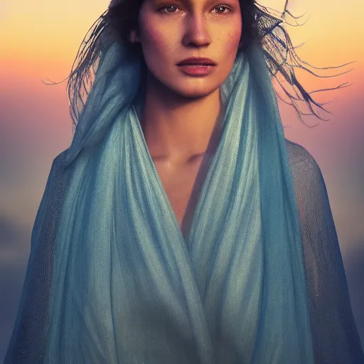 Prompt: closeup portrait of a stunningly beautiful female, silk in the wind at sunset, fashion photoshoot, by edward robert hughes, annie leibovitz and steve mccurry, david lazar, jimmy nelsson, breathtaking, 8 k resolution, extremely detailed, beautiful, establishing shot, artistic, hyperrealistic, beautiful face, octane render