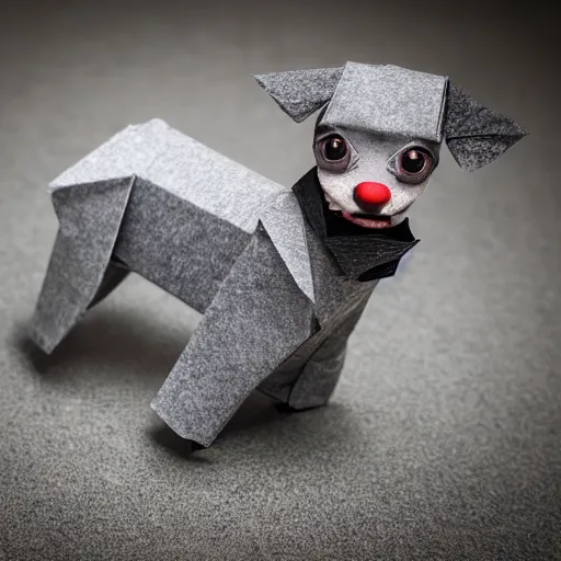 Prompt: a grey black hairless miniature toy poodle in the Taiwan valleys, made from origami, videogame still in Tekken 7, 40mm lens, shallow depth of field, split lighting