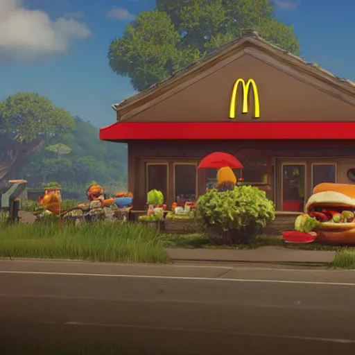 Prompt: mcdonalds, by Miyazaki Nausicaa Ghibli, breath of the wild style, epic composition Trending on Artstation, octane render, Insanely Detailed, 8k, HD