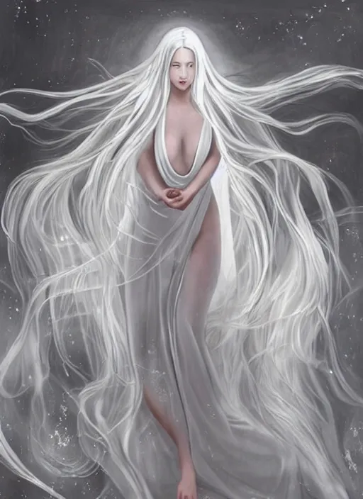 Prompt: tall thin beautiful goddess, pale wan female angel, long flowing silver hair covering her whole body, beautiful!!! painting, young wan angel, flowing silver hair, flowing white robes, flowing hair covering front of body, white robe, white dress!! of silver hair, covered!!, clothed, unexposed, aesthetic, mystery