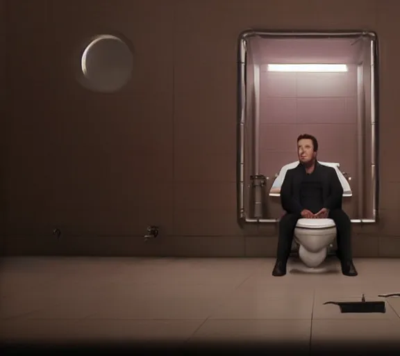 Image similar to hyperrealism aesthetic ridley scott and denis villeneuve style photography of a detailed hyperrealism elon musk, siting on a detailed hyperrealism toilet and scrolling his detailed smartphone in hyperrealism scene from detailed art house movie in style of alejandro jodorowsky and wes anderson volumetric ambient light