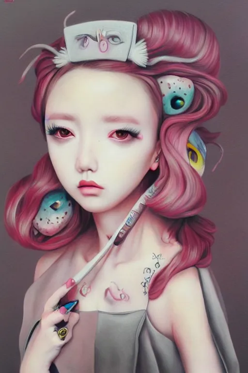 Image similar to pop surrealism, lowbrowart, realistic cute girl painting, hyper realism, japanese street fashion, muted colors