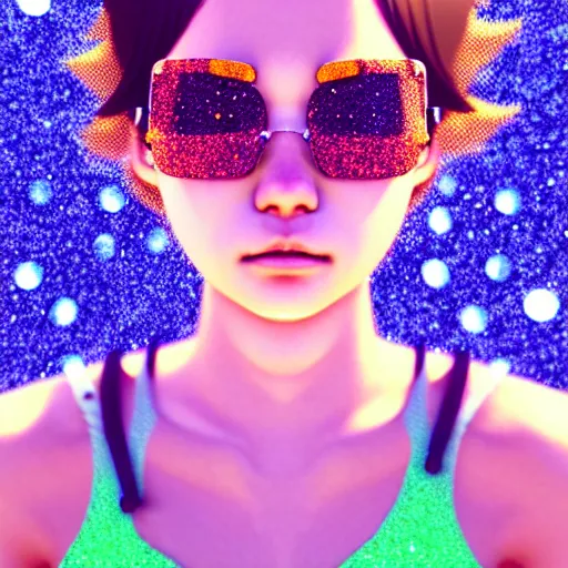 Prompt: weird cute closeup portrait of a beautiful carefree stoner girl in tanktop covered flower glitter, by katsuhiro otomo, yoshitaka amano, nico tanigawa, rendered with intense 3 d effect reflective shadowing, cinematic lighting, hyperrealistic illustration uhd 8 k