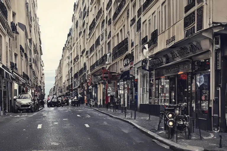 Prompt: photo of the streets of Paris under American domination, US colonization, military occupation, dystopia, science fiction, highly detailed, super realistic, cinematic, intense lighting, apple logo, flags, American military cyborgs, French paranoia