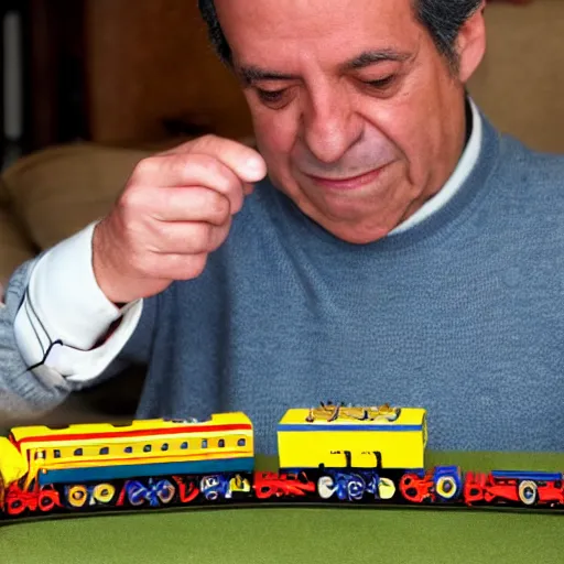 Image similar to alfredo perez rubalcaba playing with train toys