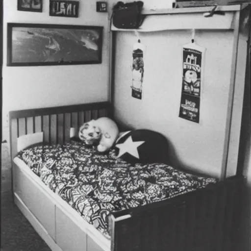 Prompt: a photo of a 1 4 year old boys bedroom from the year 1 9 8 2