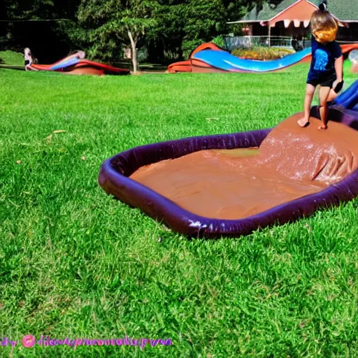 Image similar to kid going down chocolate pudding slip n slide head first, photo taken at the park